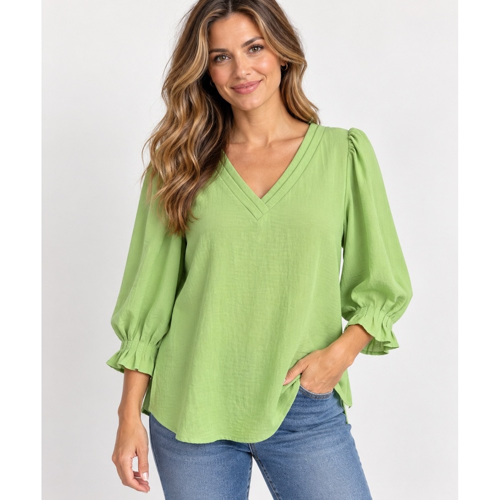Worthington Blouse Womens M Green Puff Sleeve V-Neck Pleated Cuff Boho NWT
